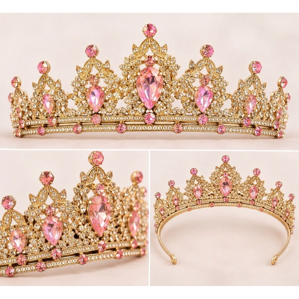 Pink Rhinestone Gold-Tone Princess Tiara / Crown